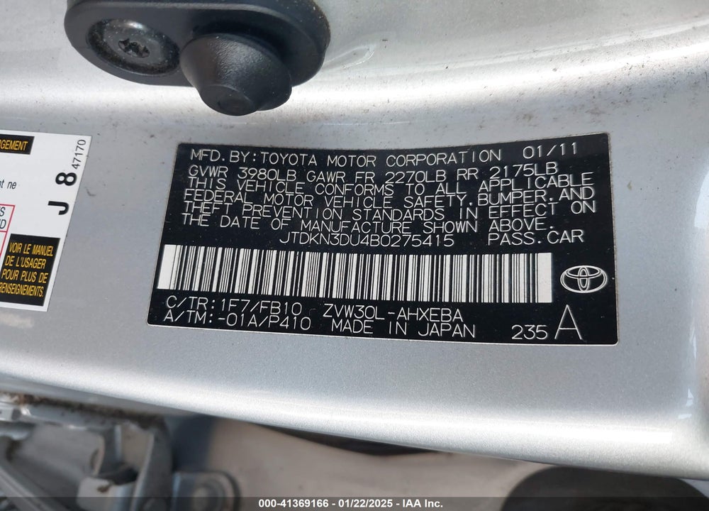 2011 TOYOTA PRIUS THREE VIN: JTDKN3DU4B0275415