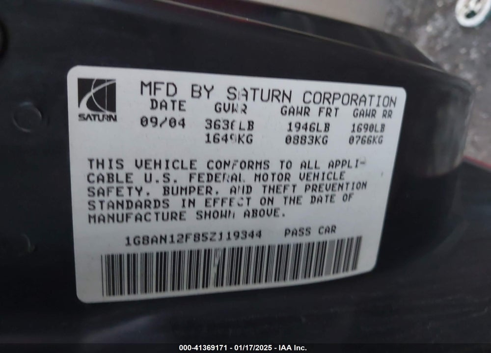 2005 SATURN ION ION 2 VIN: 1G8AN12F85Z119344