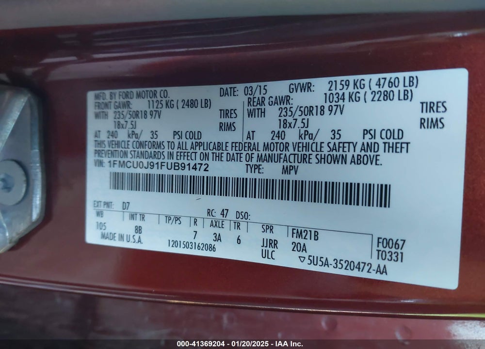 2015 FORD ESCAPE TITANIUM VIN: 1FMCU0J91FUB91472