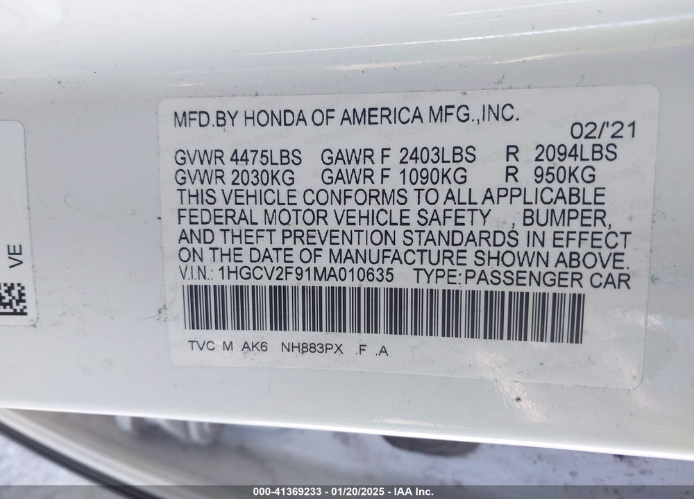 2021 HONDA ACCORD TOURING VIN: 1HGCV2F91MA010635
