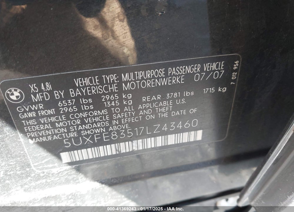 2007 BMW X5 4.8I VIN: 5UXFE83517LZ43460