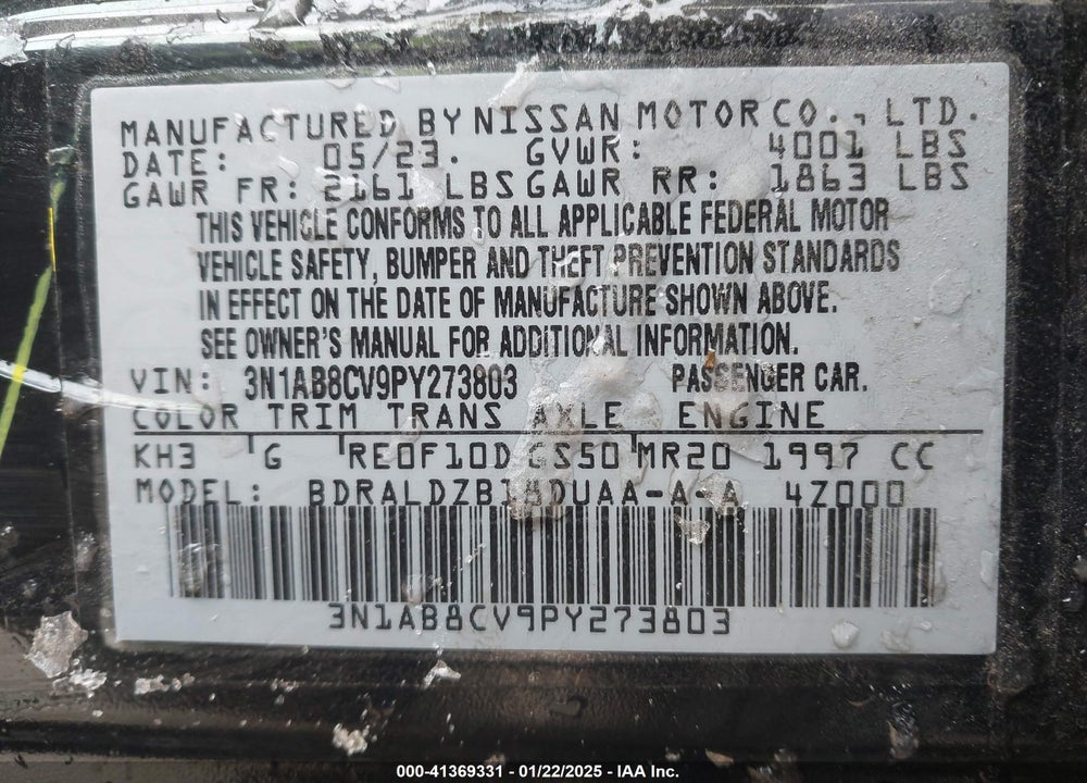 2023 NISSAN SENTRA VIN: 3N1AB8CV9PY273803