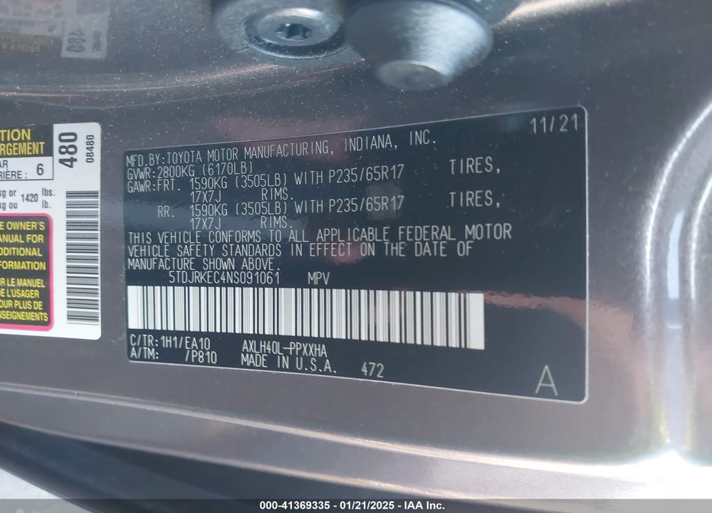 2022 TOYOTA SIENNA XLE VIN: 5TDJRKEC4NS091061