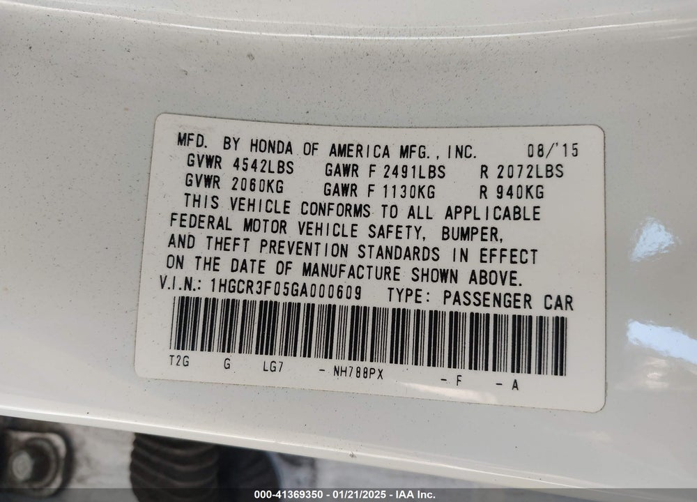 2016 HONDA ACCORD EX-L V-6 VIN: 1HGCR3F05GA000609
