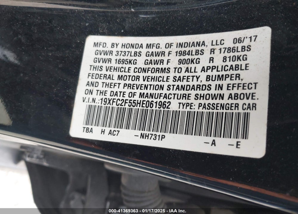 2017 HONDA CIVIC VIN: 19XFC2F55HE061962