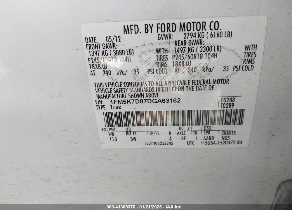 2013 FORD EXPLORER VIN: 1FM5K7D87DGA63162