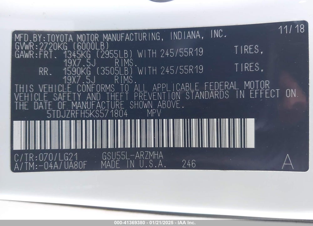2019 TOYOTA HIGHLANDER VIN: 5TDJZRFH5KS571804