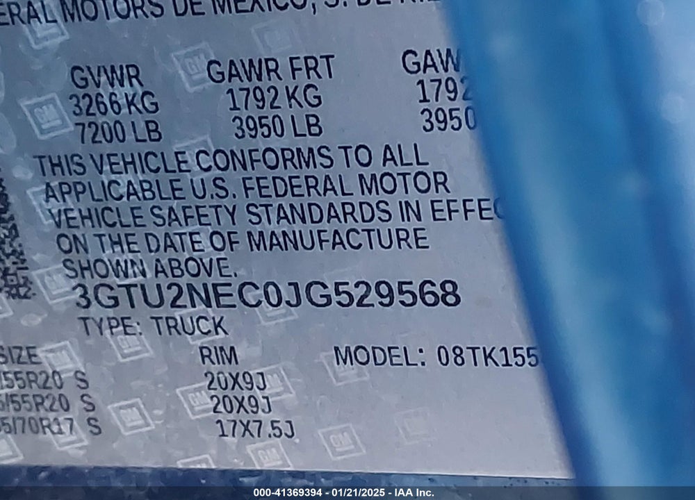 2018 GMC SIERRA 1500 VIN: 3GTU2NEC0JG529568