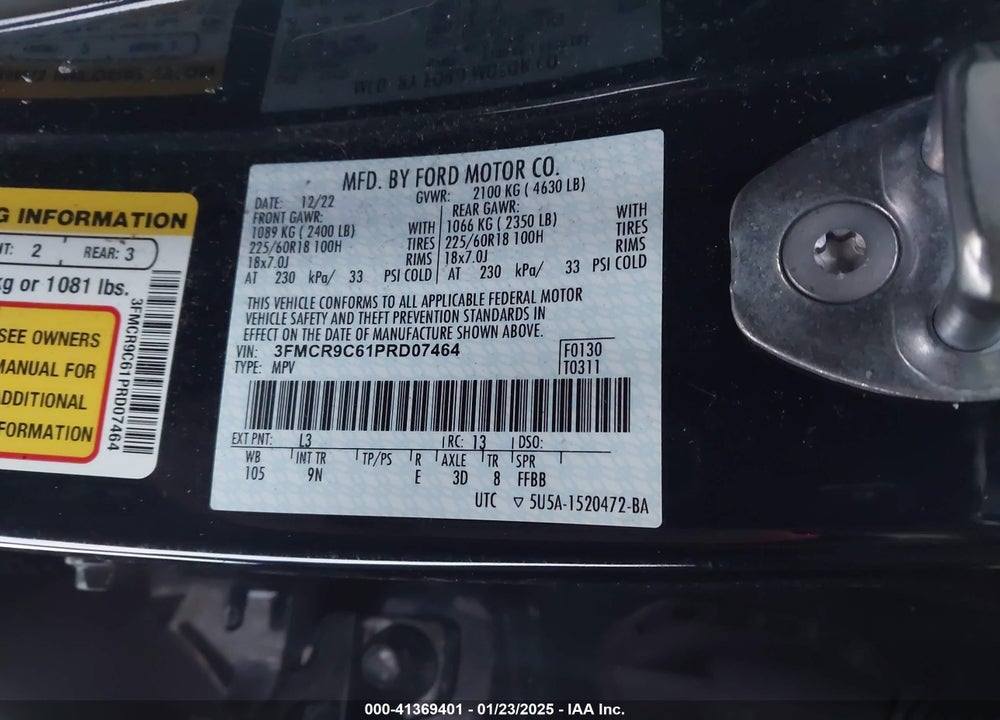 2023 FORD BRONCO SPORT OUTER BANKS VIN: 3FMCR9C61PRD07464