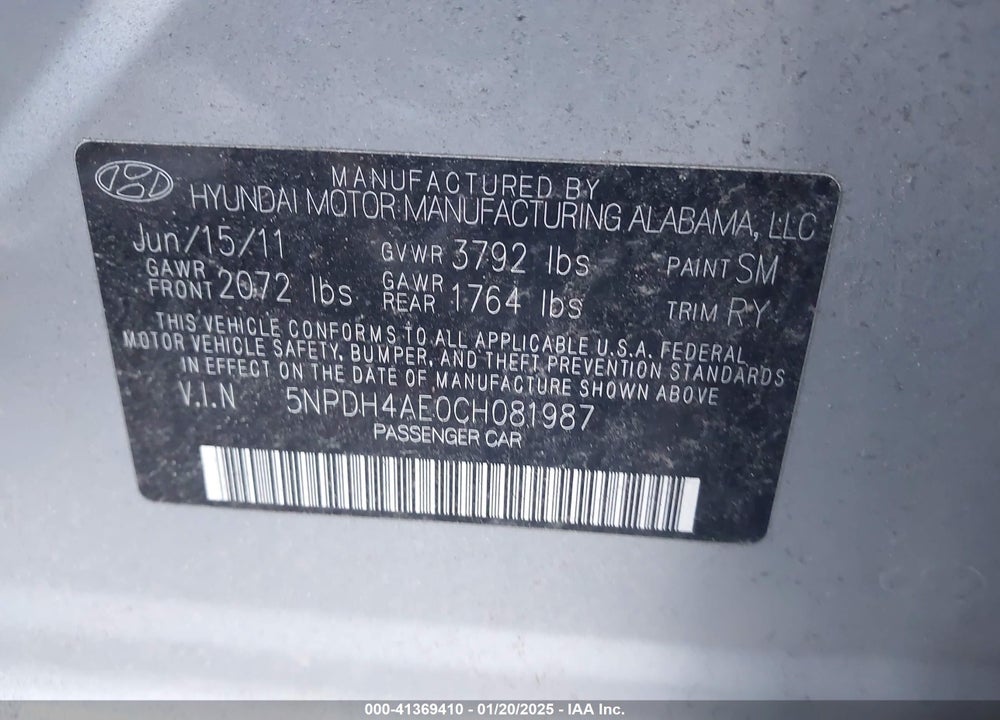2012 HYUNDAI ELANTRA LIMITED VIN: 5NPDH4AE0CH081987