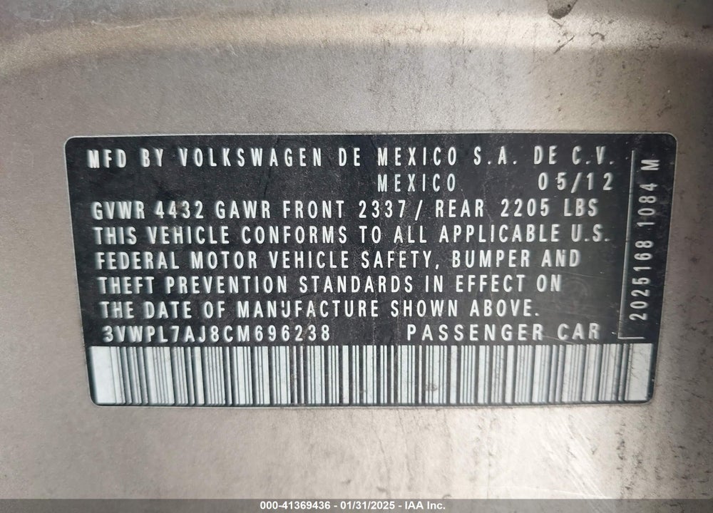 2012 VOLKSWAGEN JETTA SPORTWAGEN VIN: 3VWPL7AJ8CM696238