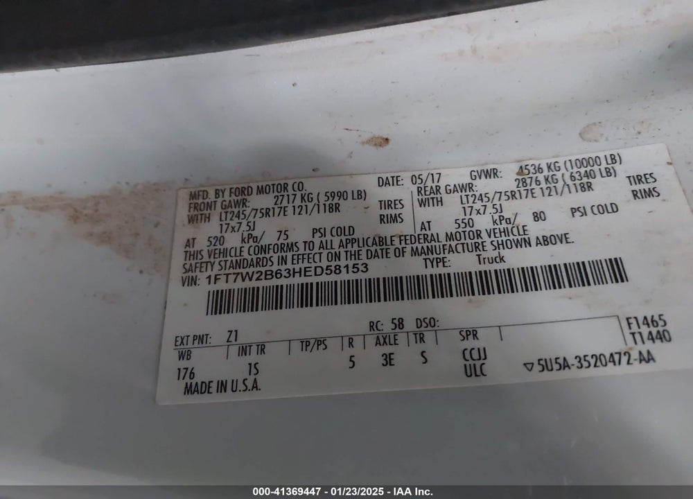 2017 FORD F-250 VIN: 1FT7W2B63HED58153