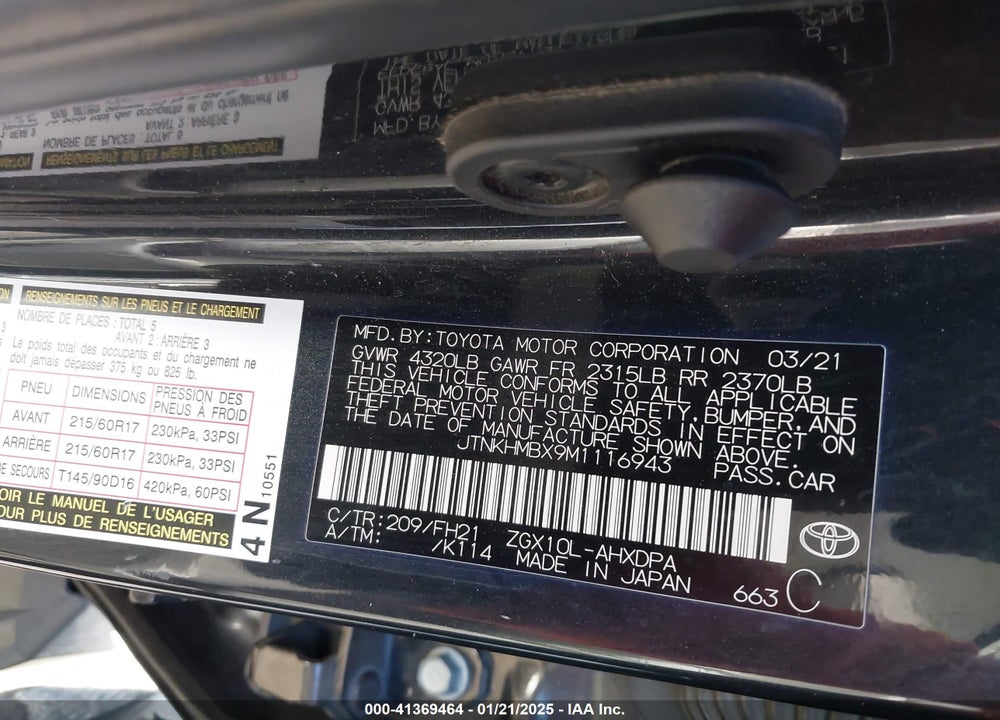 2021 TOYOTA C-HR LE VIN: JTNKHMBX9M1116943