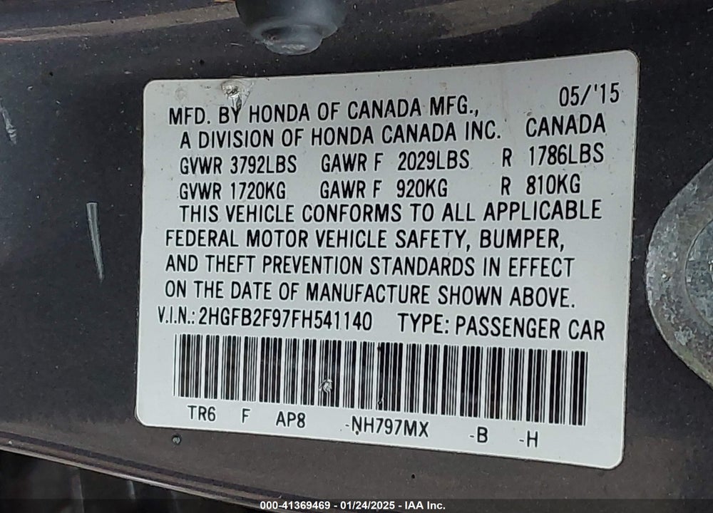 2015 HONDA CIVIC EX-L VIN: 2HGFB2F97FH541140