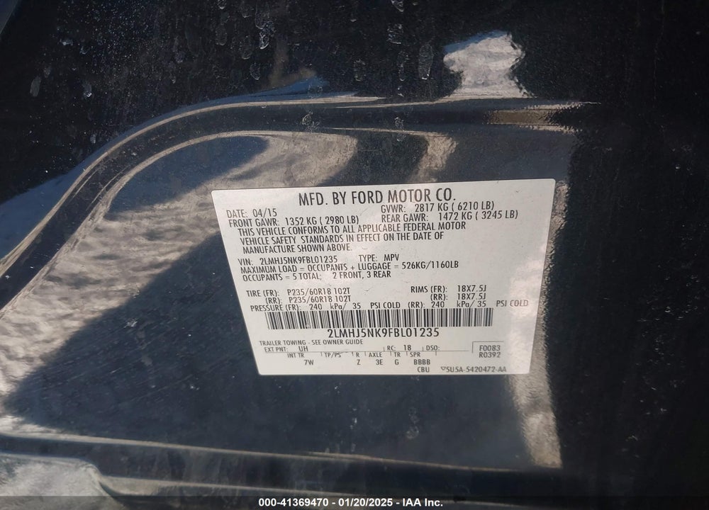 2015 LINCOLN MKT LIVERY VIN: 2LMHJ5NK9FBL01235