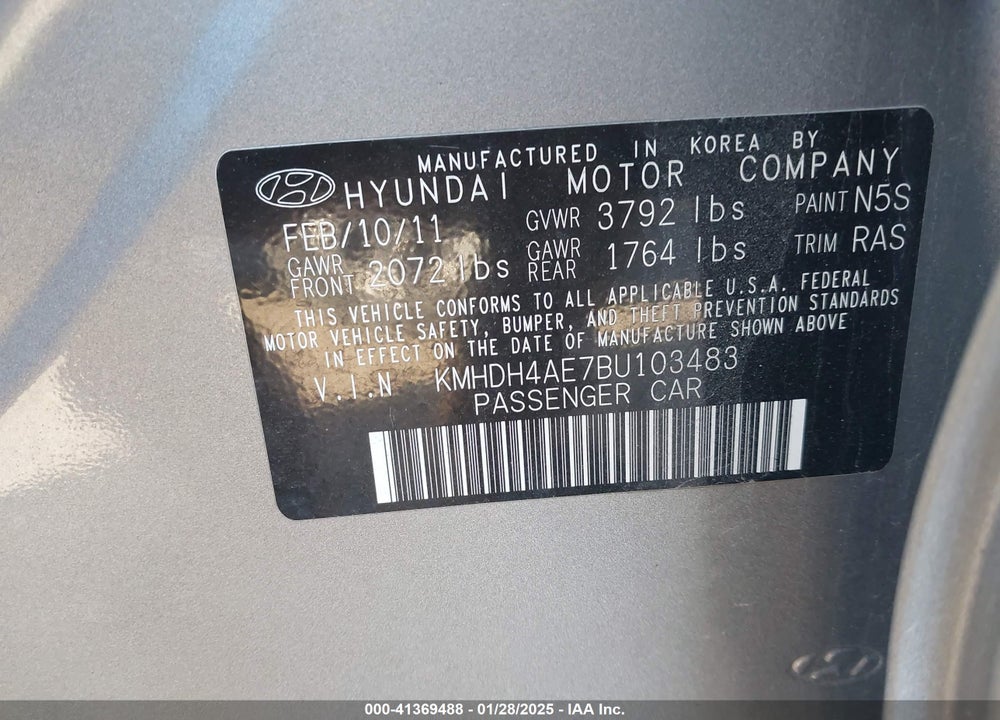 2011 HYUNDAI ELANTRA GLS (ULSAN PLANT) VIN: KMHDH4AE7BU103483