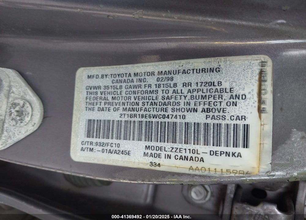 1998 TOYOTA COROLLA LE VIN: 2T1BR18E6WC047410