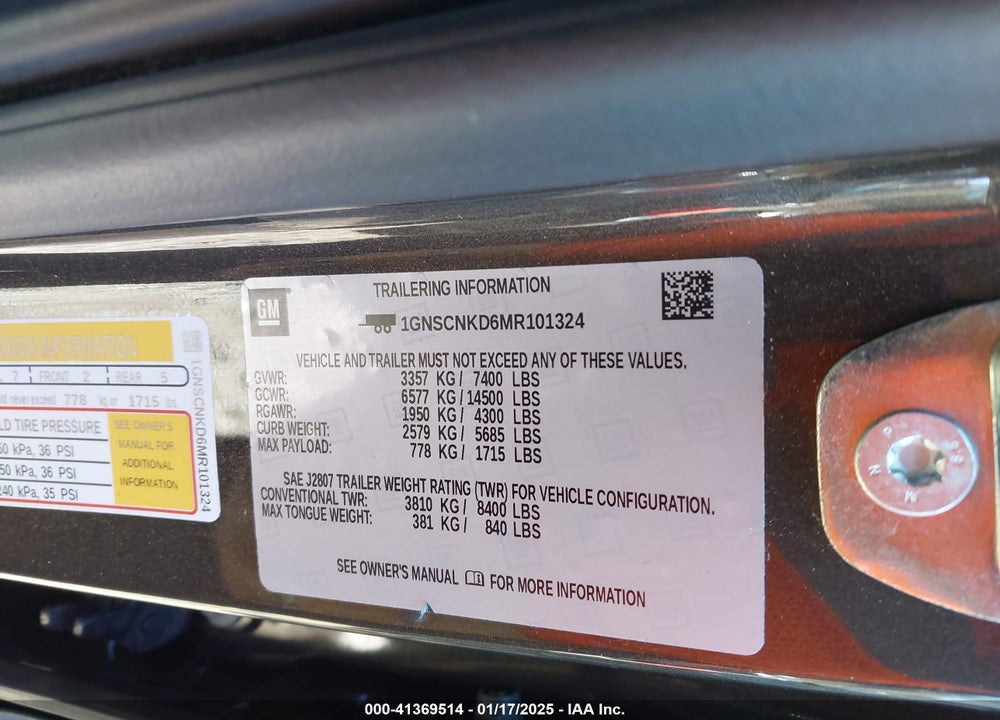2021 CHEVROLET TAHOE 2WD LT VIN: 1GNSCNKD6MR101324