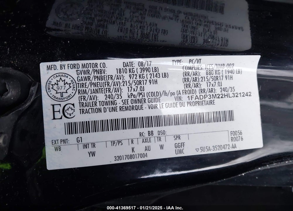 2017 FORD FOCUS VIN: 1FADP3M22HL321242