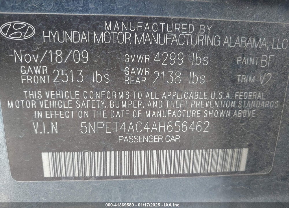 2010 HYUNDAI SONATA VIN: 5NPET4AC4AH656462