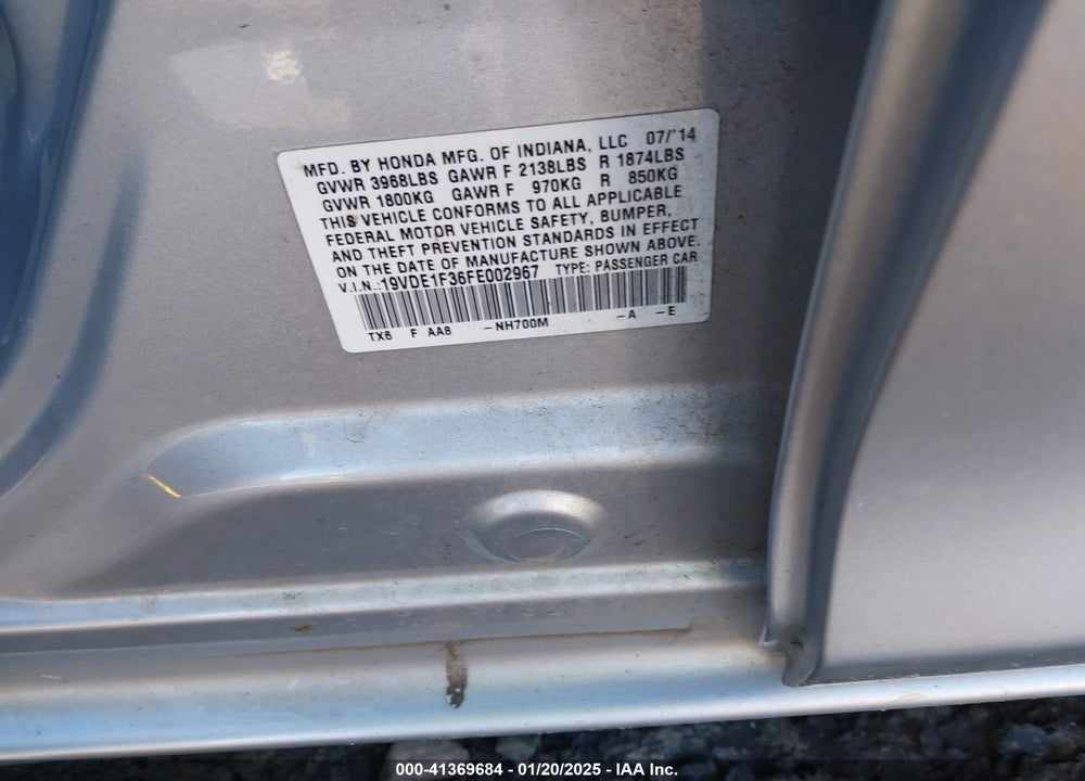2015 ACURA ILX VIN: 19VDE1F36FE002967