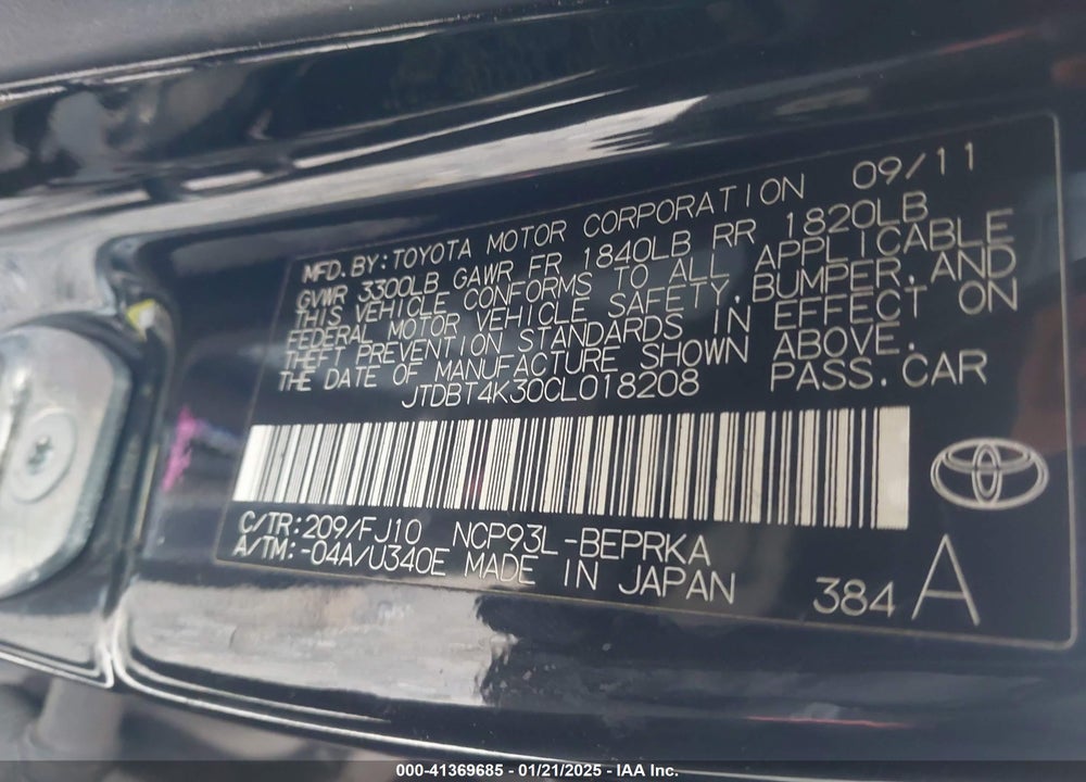 2012 TOYOTA YARIS VIN: JTDBT4K30CL018208