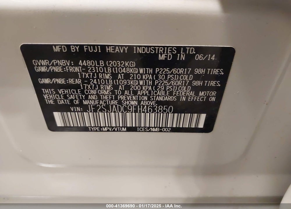2015 SUBARU FORESTER 2.5I PREMIUM VIN: JF2SJADC9FH463850