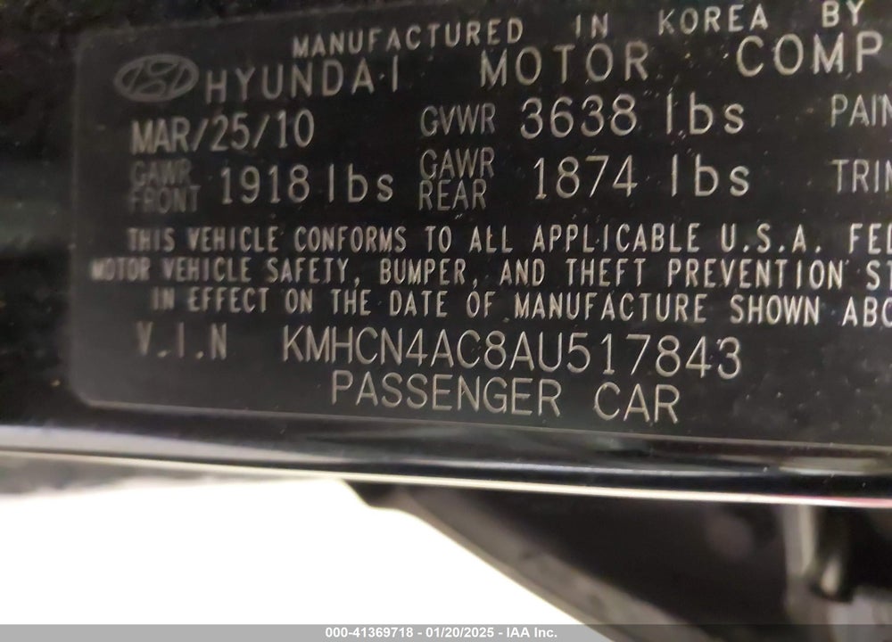 2010 HYUNDAI ACCENT GLS VIN: KMHCN4AC8AU517843