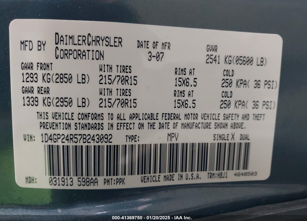 2007 DODGE GRAND CARAVAN SE VIN: 1D4GP24R57B243092