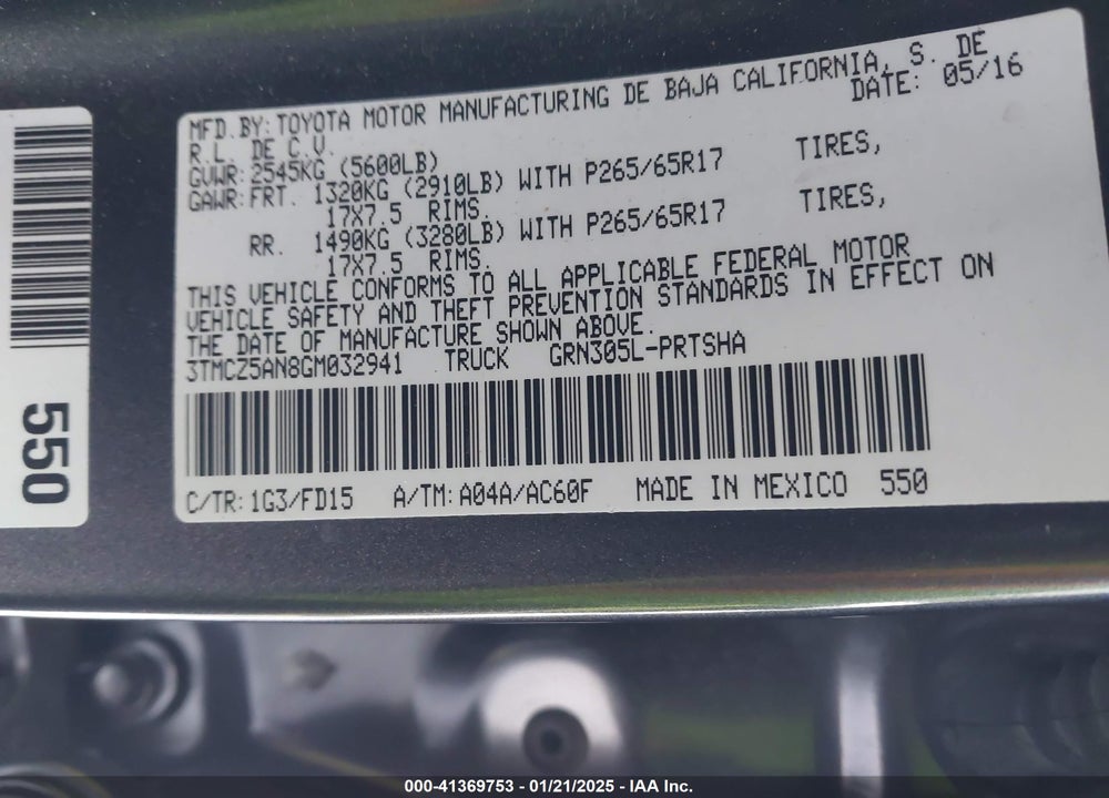2016 TOYOTA TACOMA TRD SPORT VIN: 3TMCZ5AN8GM032941