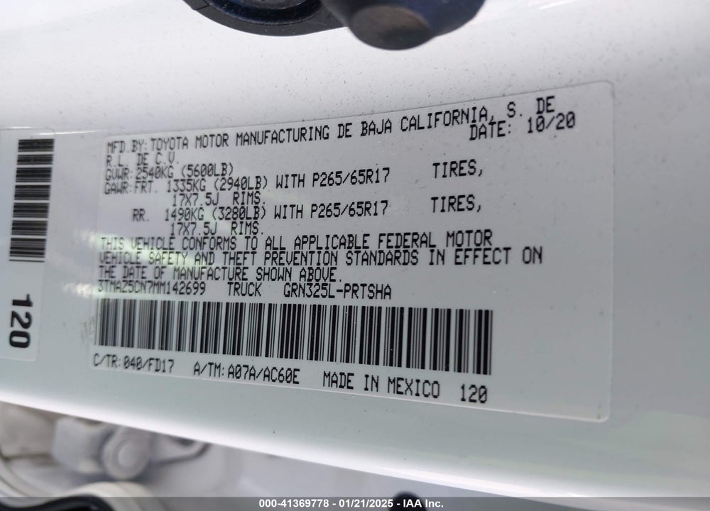 2021 TOYOTA TACOMA TRD SPORT VIN: 3TMAZ5CN7MM142699