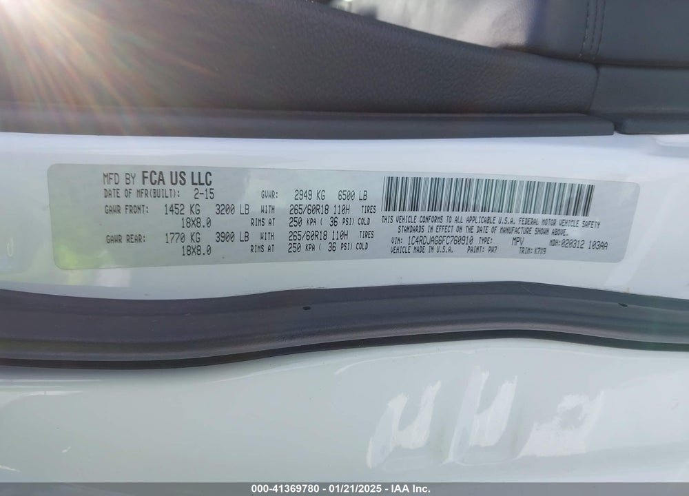2015 DODGE DURANGO SXT VIN: 1C4RDJAG6FC760910