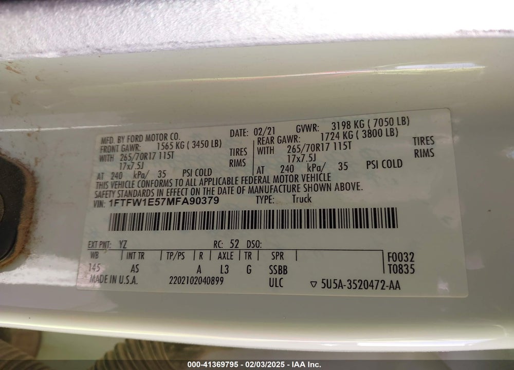 2021 FORD F150 VIN: 1FTFW1E57MFA90379