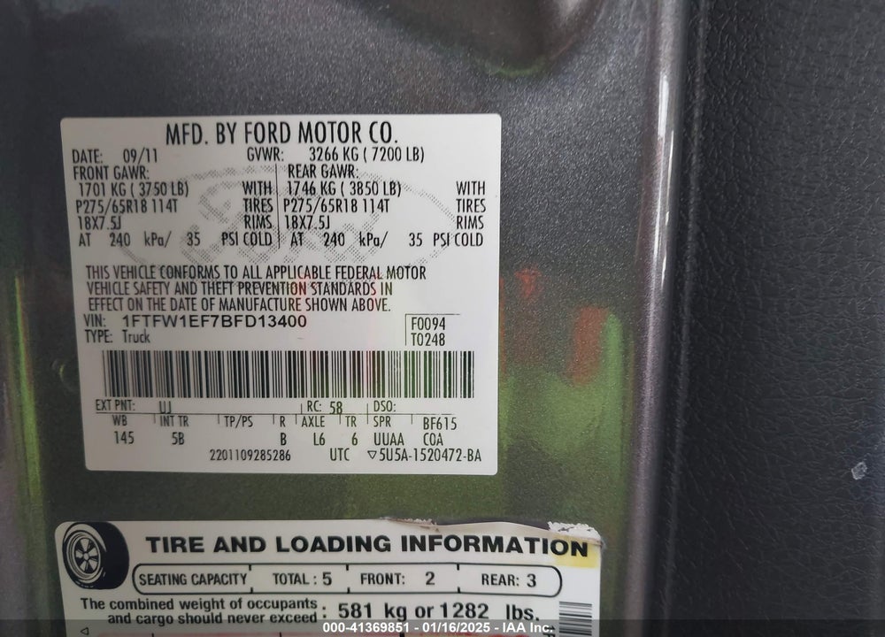 2011 FORD F-150 VIN: 1FTFW1EF7BFD13400