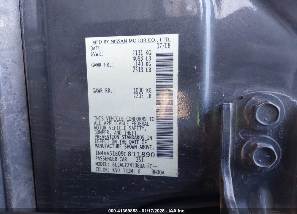 2009 NISSAN MAXIMA VIN: 1N4AA51E09C811890