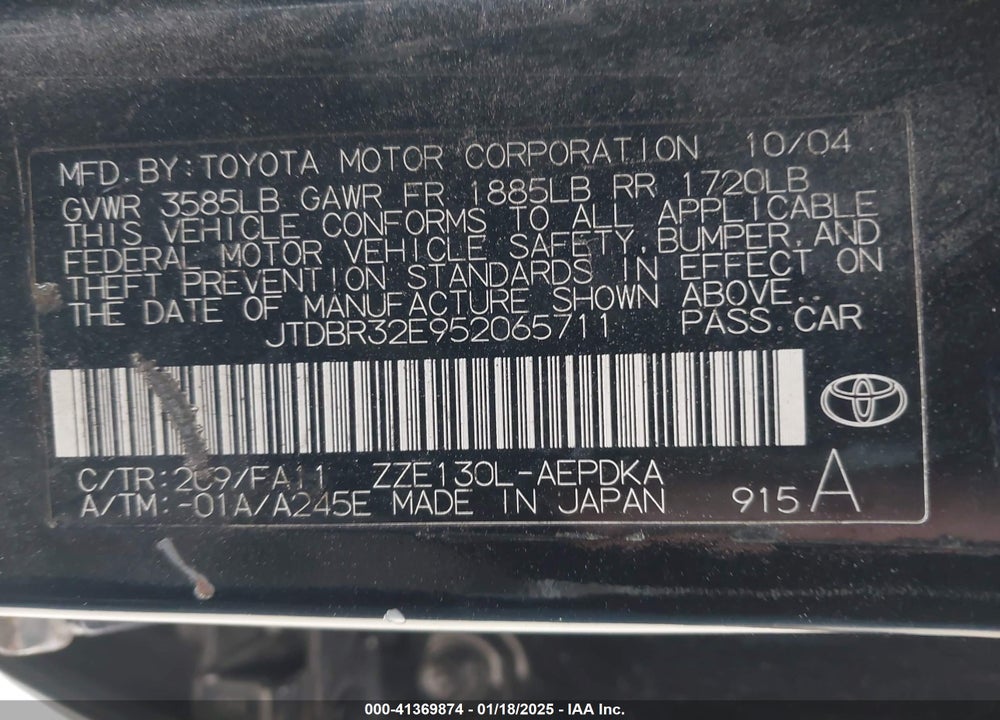 2005 TOYOTA COROLLA CE VIN: JTDBR32E952065711