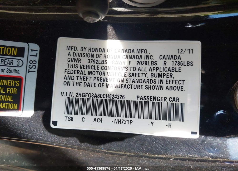 2012 HONDA CIVIC VIN: 2HGFG3A80CH524326