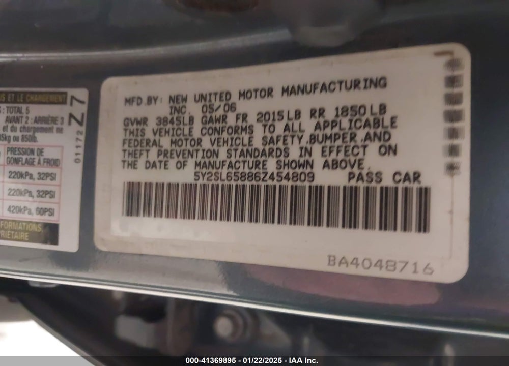 2006 PONTIAC VIBE VIN: 5Y2SL65886Z454809