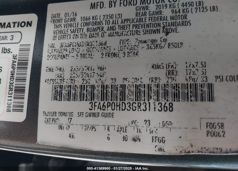 2016 FORD FUSION SE VIN: 3FA6P0HD3GR311368