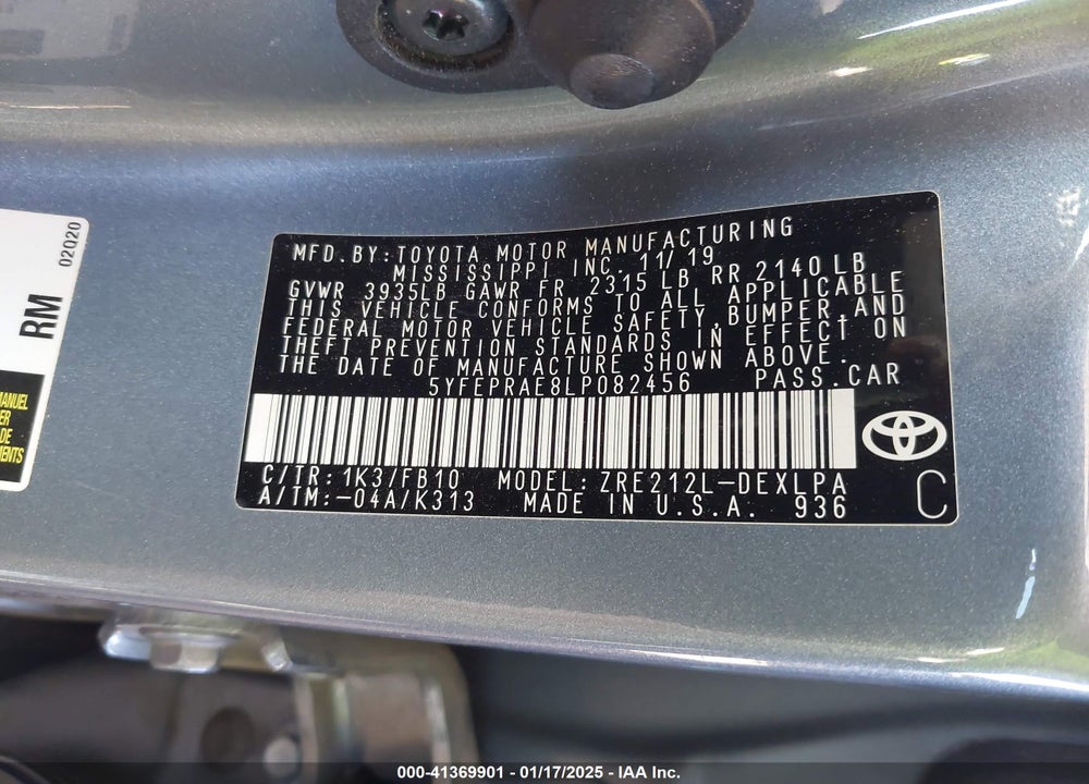 2020 TOYOTA COROLLA VIN: 5YFEPRAE8LP082456