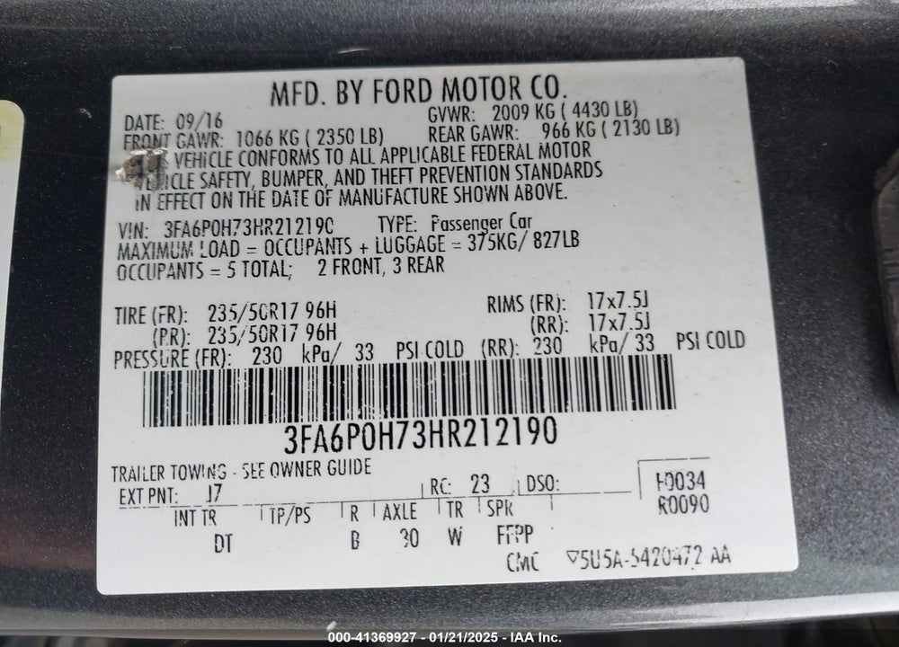 2017 FORD FUSION SE VIN: 3FA6P0H73HR212190