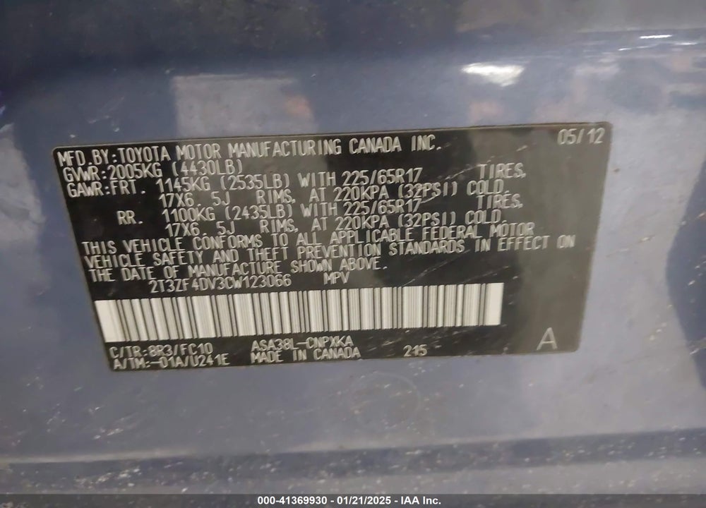 2012 TOYOTA RAV4 VIN: 2T3ZF4DV3CW123066