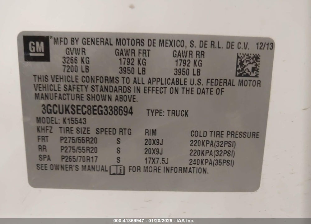 2014 CHEVROLET SILVERADO VIN: 3GCUKSEC8EG338694