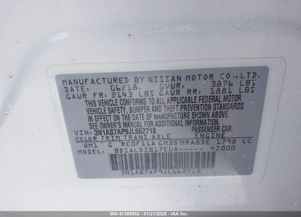 2018 NISSAN SENTRA VIN: 3N1AB7AP9JL662718