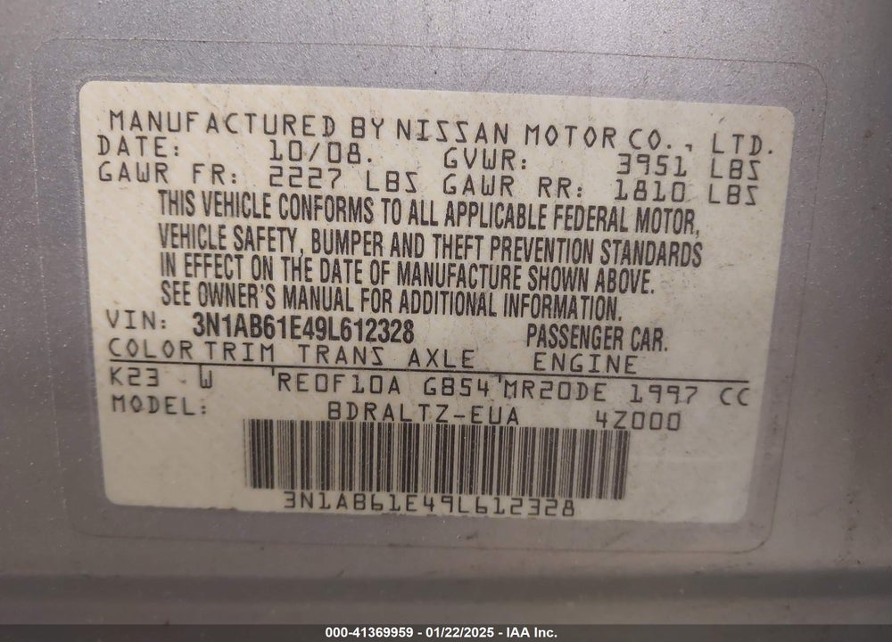 2009 NISSAN SENTRA 2.0S VIN: 3N1AB61E49L612328