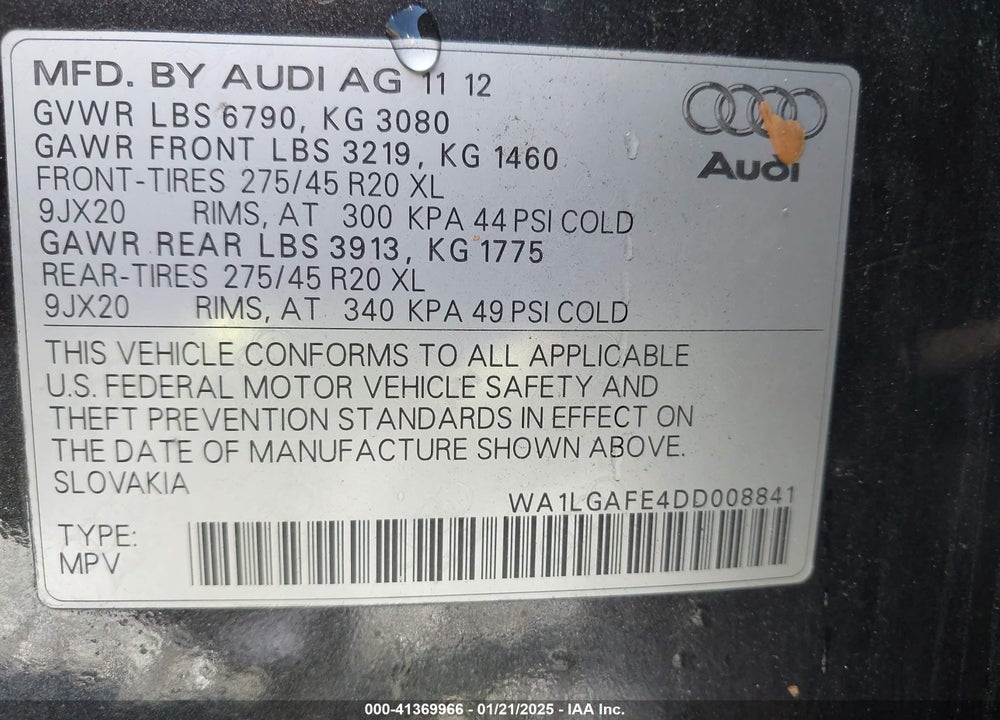2013 AUDI Q7 3.0T PREMIUM VIN: WA1LGAFE4DD008841