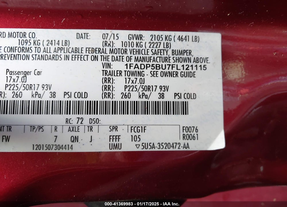 2015 FORD C-MAX HYBRID VIN: 1FADP5BU7FL121115