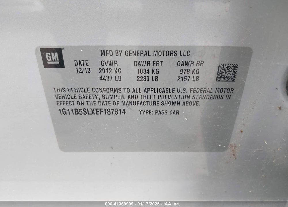 2014 CHEVROLET MALIBU VIN: 1G11B5SLXEF187814