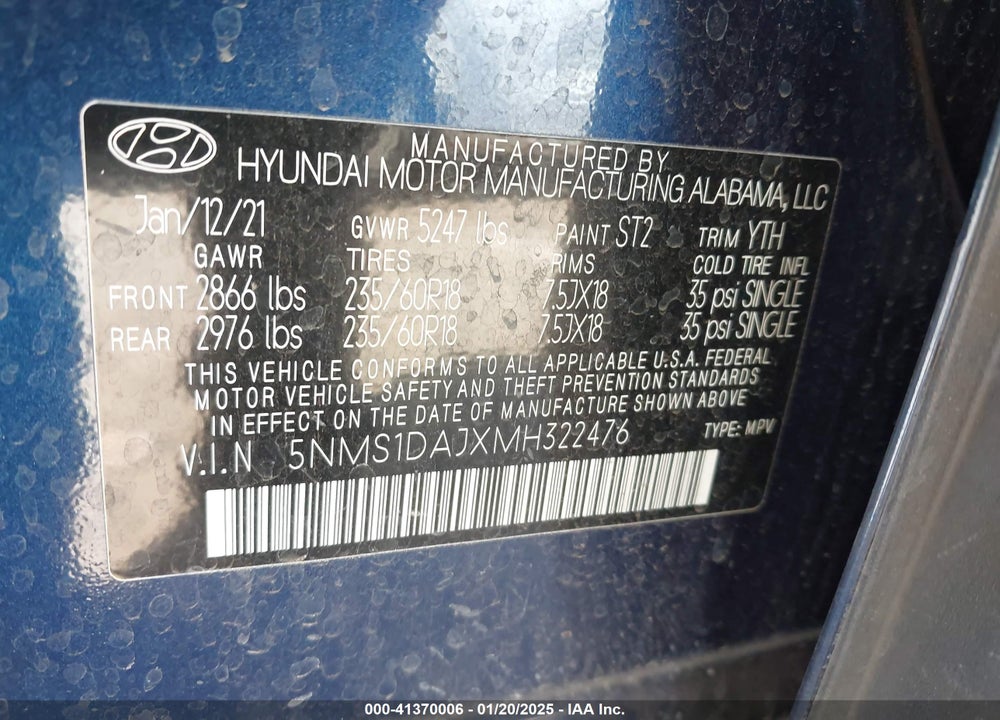 2021 HYUNDAI SANTA FE SE VIN: 5NMS1DAJXMH322476