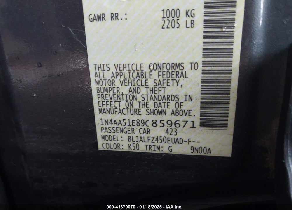 2009 NISSAN MAXIMA VIN: 1N4AA51E89C859671